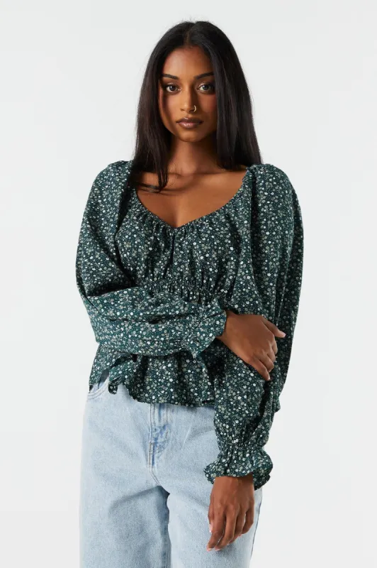 Green Floral Elastic Waist Long Sleeve Top sold by Charlotte Russe