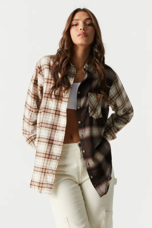 Oversized Mixed Tan Plaid Flannel Shirt sold by Charlotte Russe