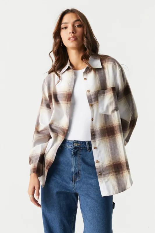 Oversized Tan Plaid Flannel Shirt sold by Charlotte Russe