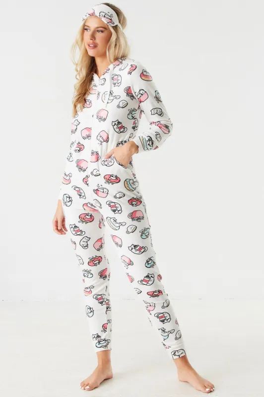Coffee Cat Printed Velour Hooded Onesie And Eye Mask Pajama Set sold by Charlotte Russe