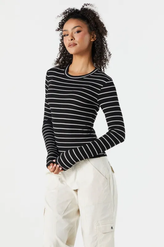 Striped Ribbed Crewneck Long Sleeve Skimmer Top sold by Charlotte Russe