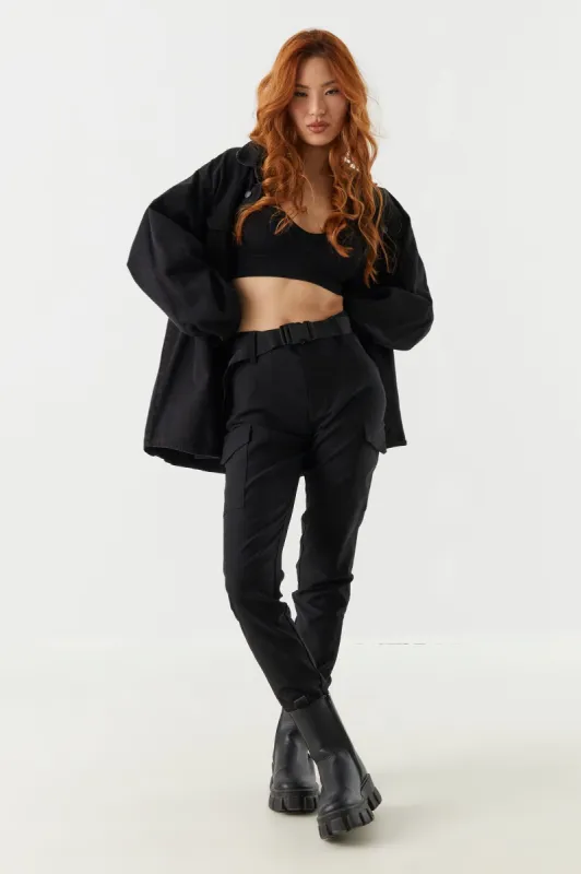 Black Belted Slim Cargo Jogger sold by Charlotte Russe