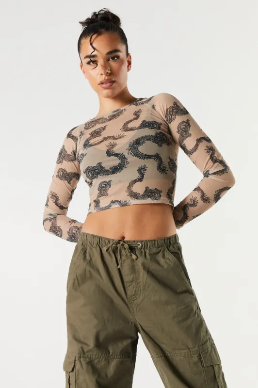 Dragon Print Mesh Long Sleeve Crop Top sold by Charlotte Russe