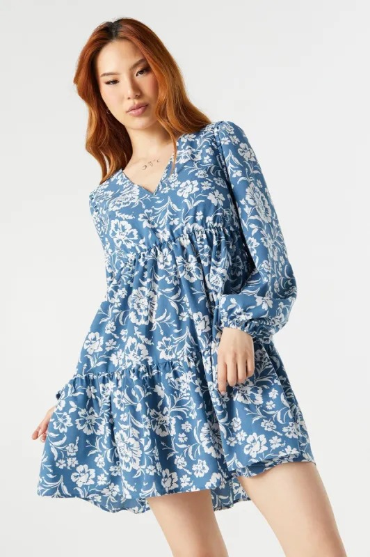 Blue Floral Long Sleeve Tiered Babydoll Dress sold by Charlotte Russe