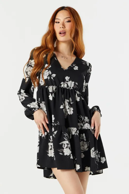 Black Floral Long Sleeve Tiered Babydoll Dress sold by Charlotte Russe