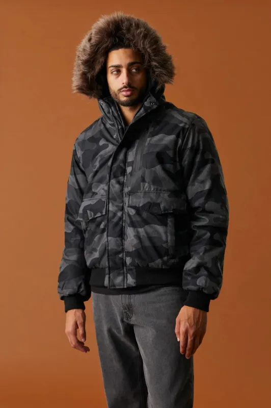 Camo Fur Hood Banff Bomber Jacket sold by Charlotte Russe