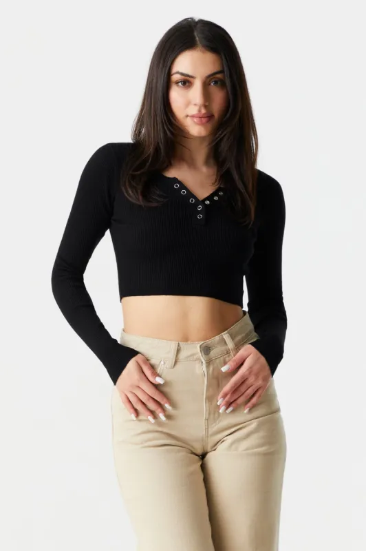 Ribbed Long Sleeve Henley Cropped Top sold by Charlotte Russe