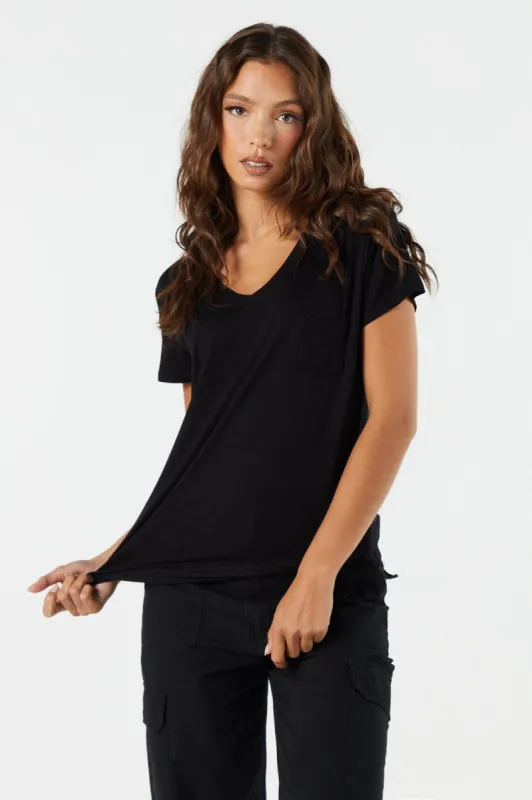 Relaxed V-Neck Pocket T-Shirt sold by Charlotte Russe