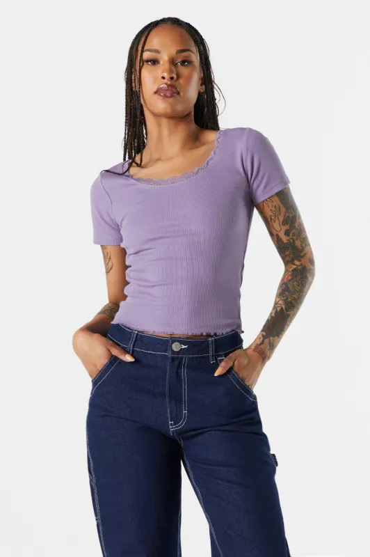 Colored Ribbed Lace Trim Skimmer T-Shirt sold by Charlotte Russe