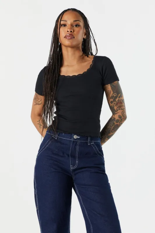 Ribbed Lace Trim Skimmer T-Shirt sold by Charlotte Russe