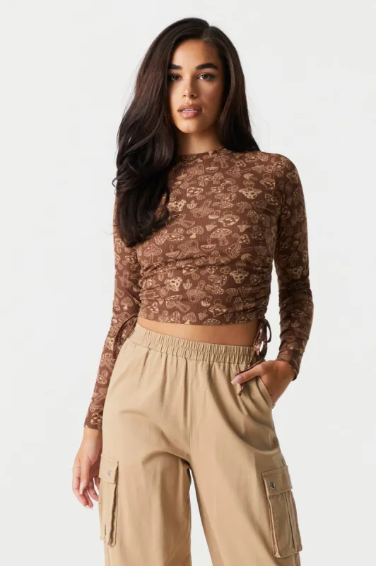 Mushroom Print Cinched Long Sleeve Crop Top sold by Charlotte Russe