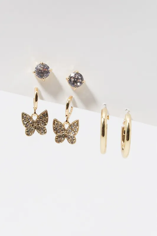 14k Gold Plated Rhinestone Butterfly Earring Set (3 Pack) sold by Charlotte Russe
