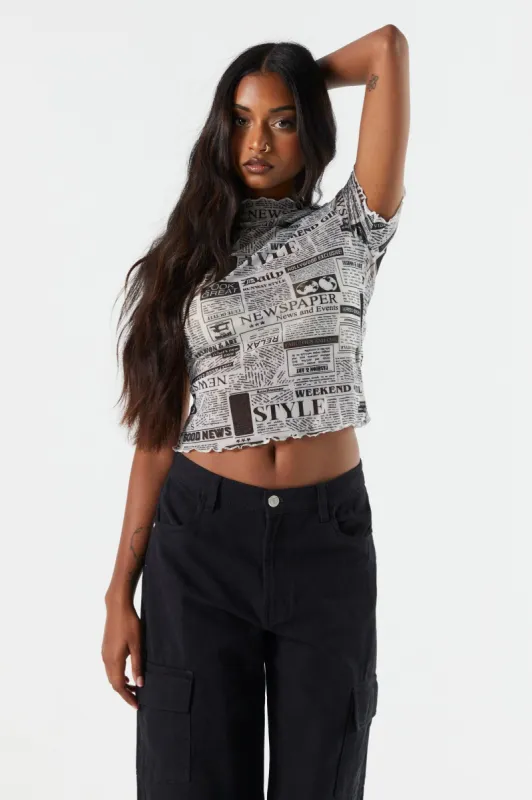 Newspaper Print Mesh Ruffle T-Shirt sold by Charlotte Russe