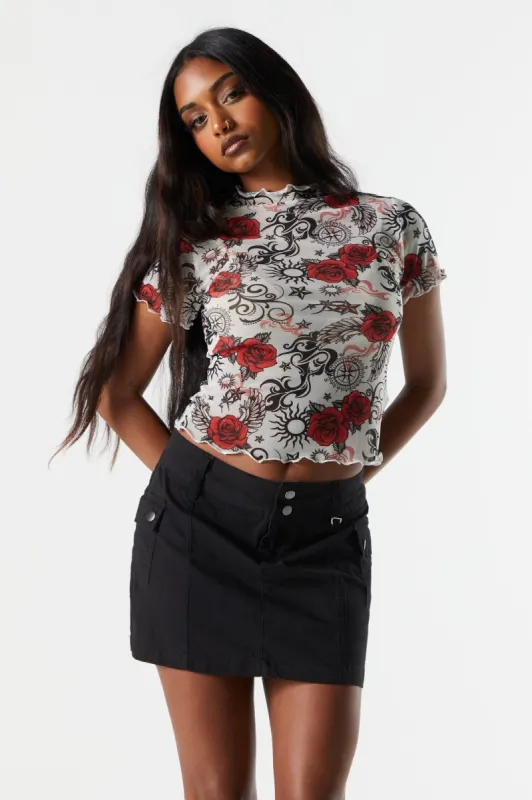 Rose Print Mesh Ruffle T-Shirt sold by Charlotte Russe