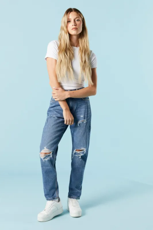 Dark Wash Distressed Mom Jean sold by Charlotte Russe
