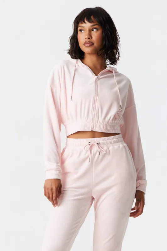 Pink Velour Crop Zip-Up Hoodie made by Charlotte Russe