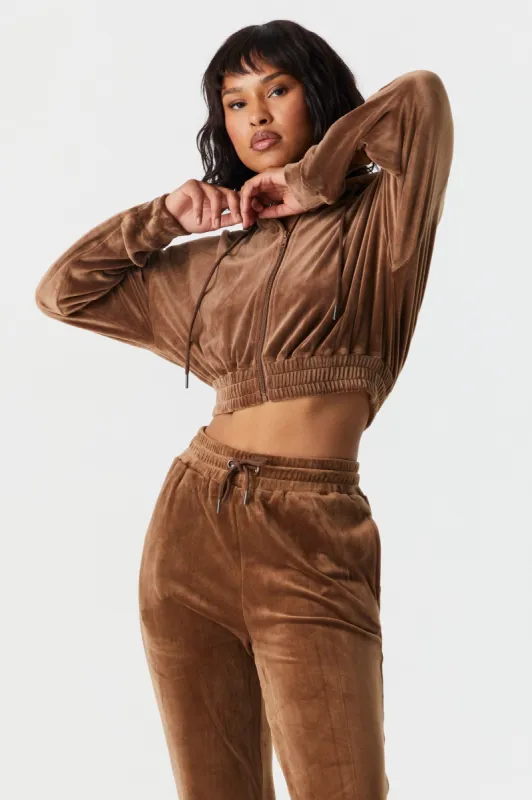 Brown Velour Crop Zip-Up Hoodie sold by Charlotte Russe