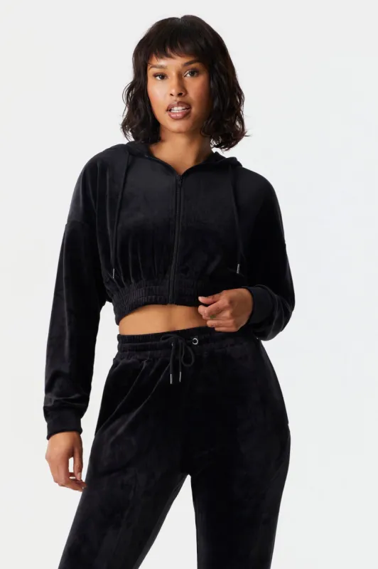 Black Velour Crop Zip-Up Hoodie sold by Charlotte Russe