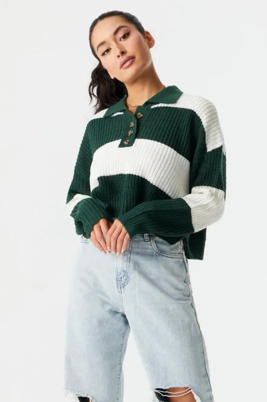 Striped Knit Crop Polo Sweater sold by Charlotte Russe