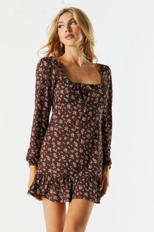 Brown Floral Long Sleeve Milkmaid Dress sold by Charlotte Russe