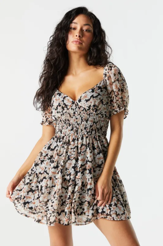 Floral Smocked Short Sleeve Tiered Dress sold by Charlotte Russe