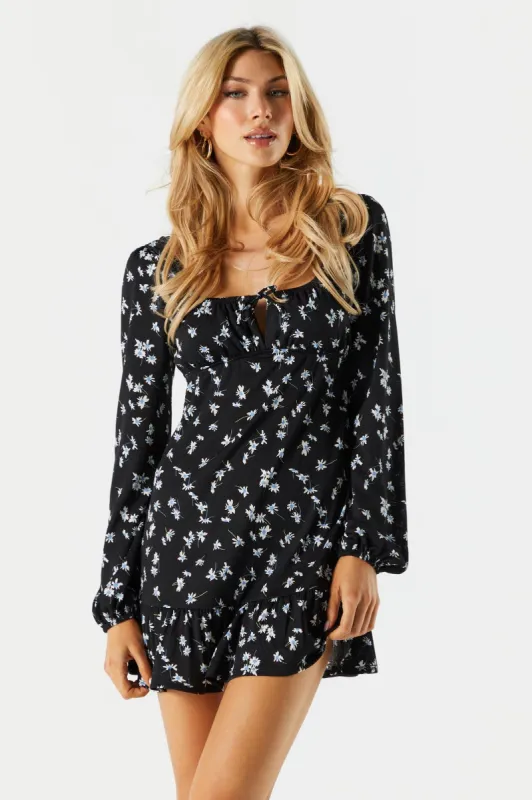 Black Floral Long Sleeve Milkmaid Dress sold by Charlotte Russe