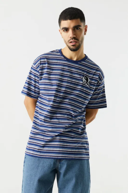 Yin Yang Skull Patch Striped Relaxed Crewneck T-Shirt sold by Charlotte Russe