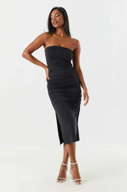 Ruched Leg Slit Strapless Midi Dress sold by Charlotte Russe
