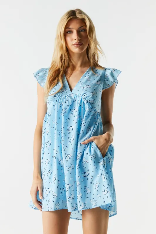 Blue Floral V-Neck Babydoll Dress sold by Charlotte Russe