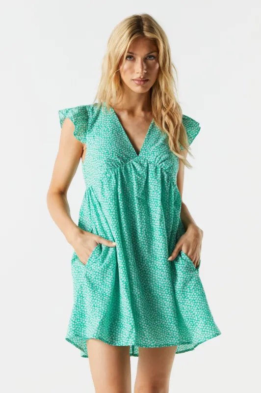 Green Floral V-Neck Babydoll Dress sold by Charlotte Russe
