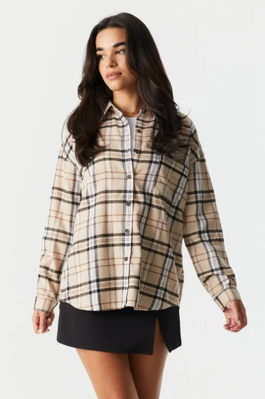 Classic Tan Plaid Flannel Button-Up Top sold by Charlotte Russe