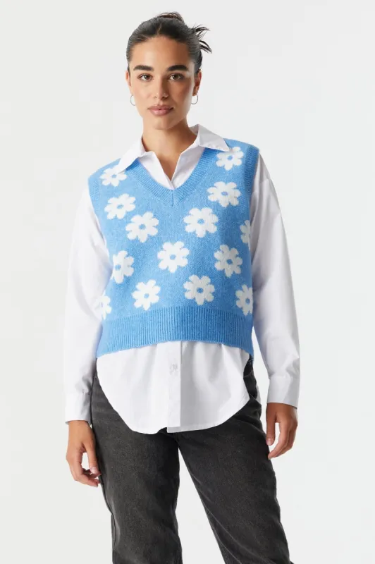 Blue Daisy Print V-Neck Vest sold by Charlotte Russe