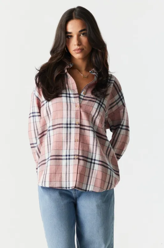 Classic Pink Plaid Flannel Button-Up Top sold by Charlotte Russe