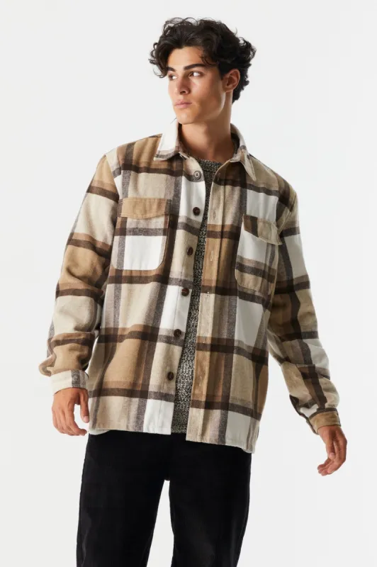 Tan Plaid Brushed Flannel Shacket sold by Charlotte Russe