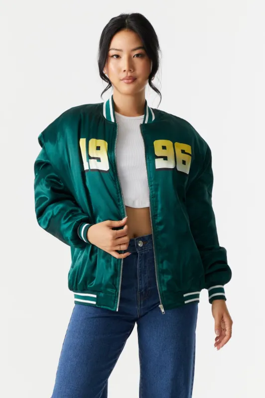1996 Yosemite Graphic Satin Varsity Jacket sold by Charlotte Russe