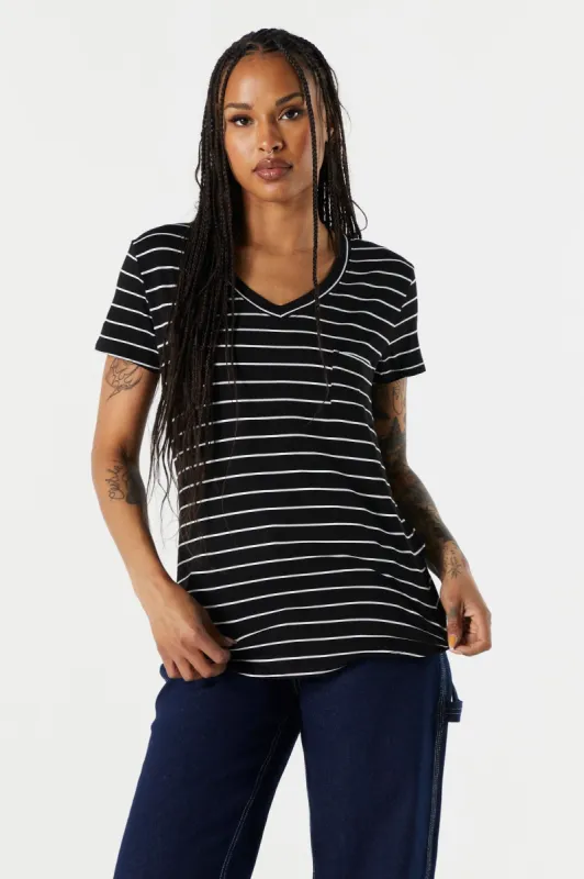 Striped V-Neck Pocket T-Shirt sold by Charlotte Russe