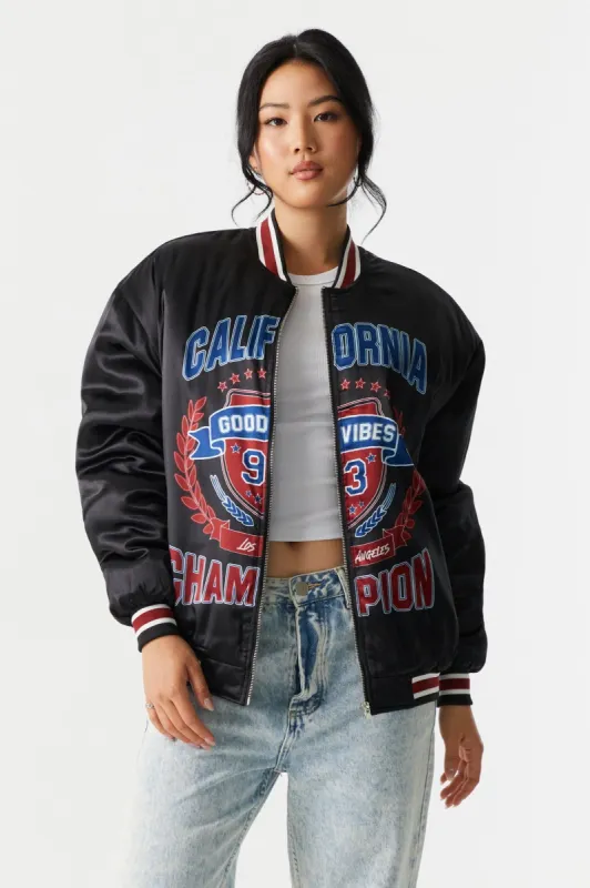 California Graphic Satin Varsity Jacket sold by Charlotte Russe