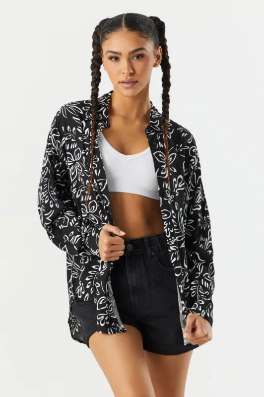 Oversized Black Printed Button-Up Shirt sold by Charlotte Russe