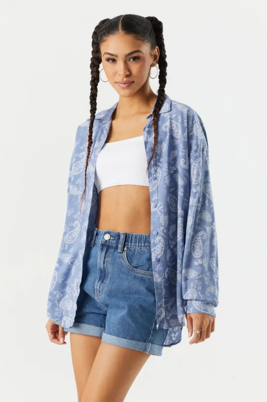 Oversized Blue Printed Button-Up Shirt sold by Charlotte Russe