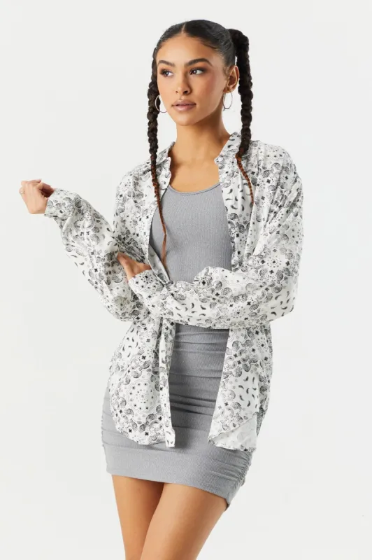 Oversized White Printed Button-Up Shirt sold by Charlotte Russe