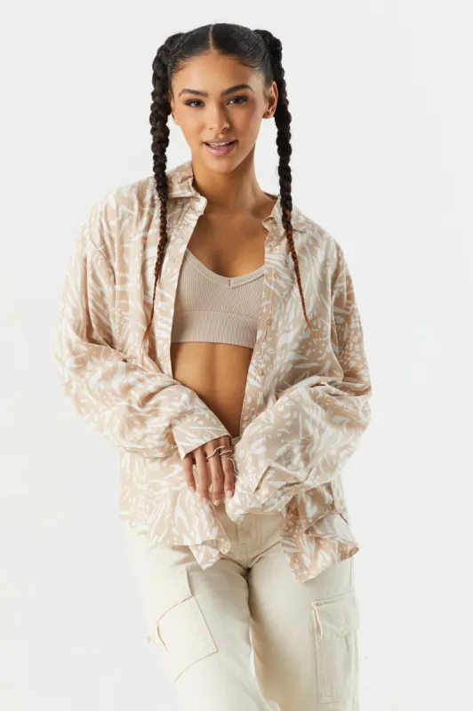 Oversized Tan Printed Button-Up Shirt sold by Charlotte Russe