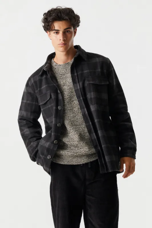 Black Plaid Brushed Flannel Shacket sold by Charlotte Russe