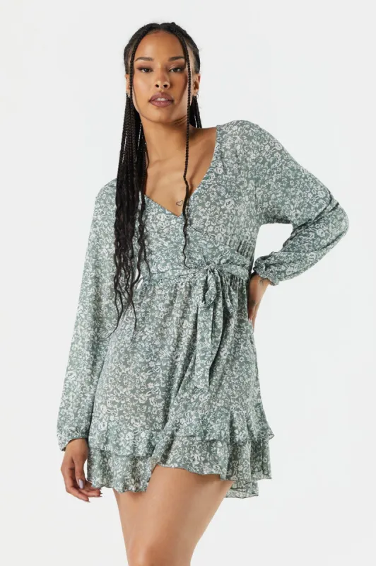 Black Floral Tiered Wrap Dress sold by Charlotte Russe