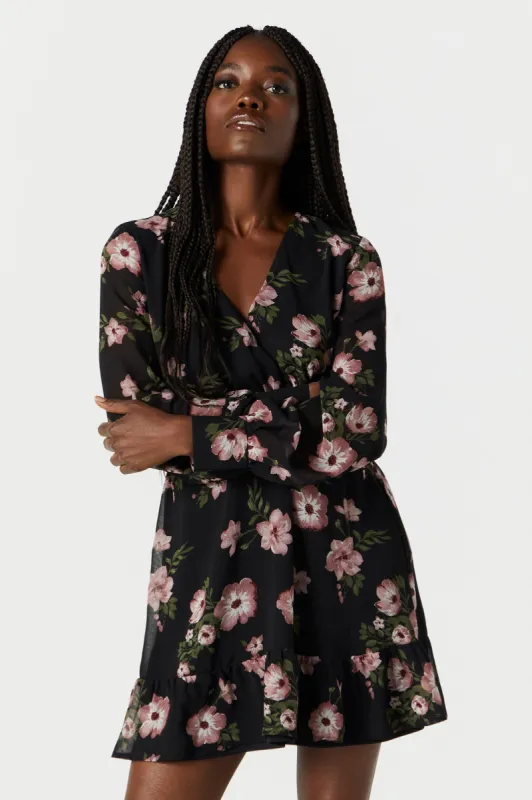Black Floral Chiffon Surplice Dress sold by Charlotte Russe