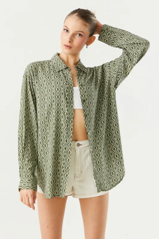 Oversized Printed Button-Up Shirt sold by Charlotte Russe