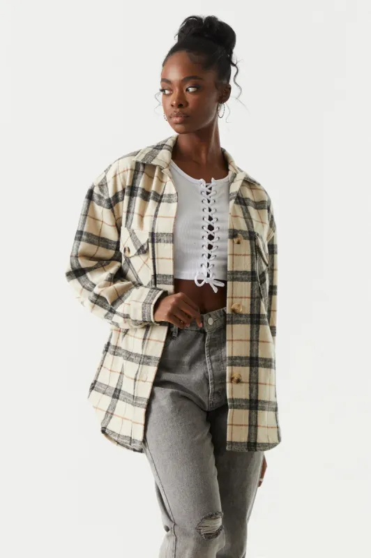 Brushed Tan Plaid Flannel Shacket sold by Charlotte Russe