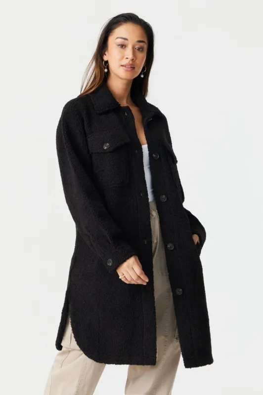 Long Button-Up Sherpa Shacket sold by Charlotte Russe