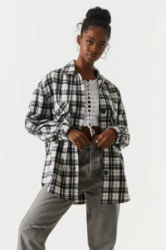 Brushed Plaid Flannel Shacket sold by Charlotte Russe