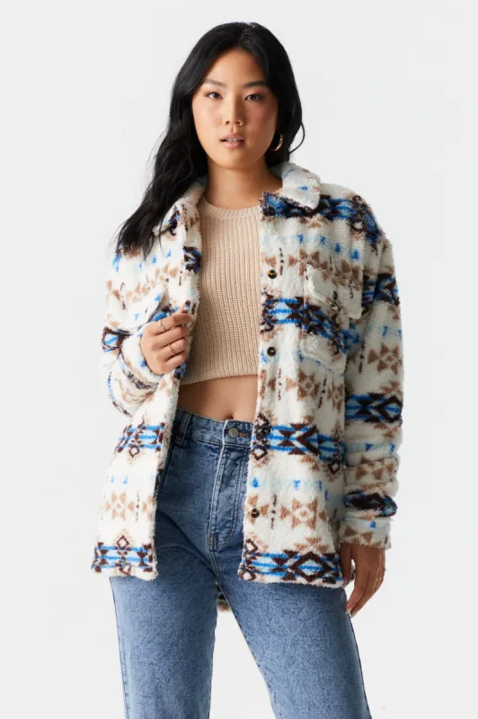 Blue Aztec Stripe Print Sherpa Shacket sold by Charlotte Russe