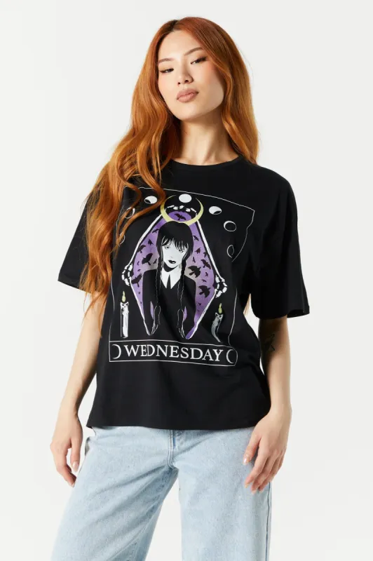 Black Wednesday Addams Graphic Boyfriend T-Shirt sold by Charlotte Russe